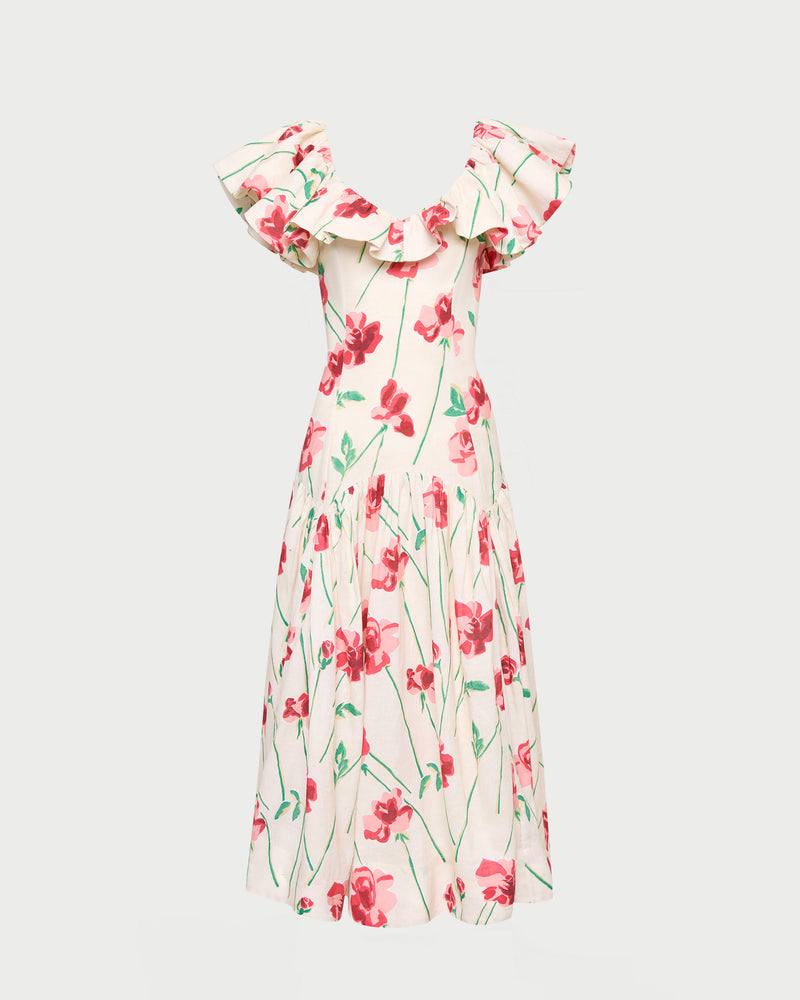 Lillia Dress in cream floral ramie.