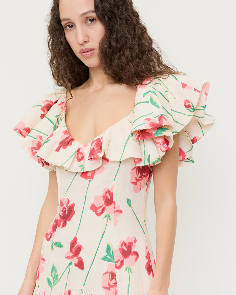 Lillia Dress in cream floral ramie.