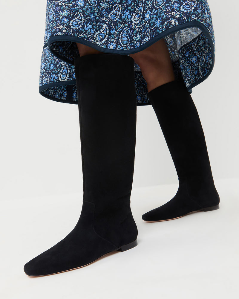 Lillian Black Suede Tall Boot in black suede and Ainsley Dress in blue floral.