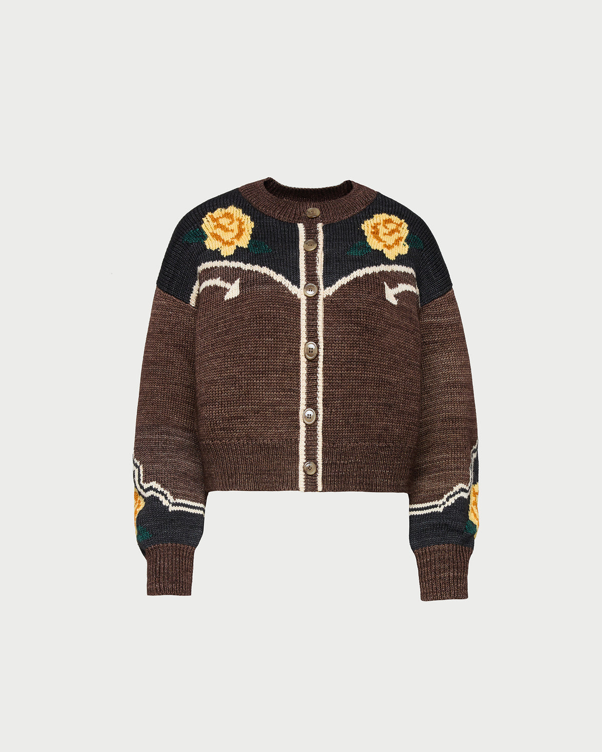 Linda Intarsia Cardigan in brown and yellow floral wool.
