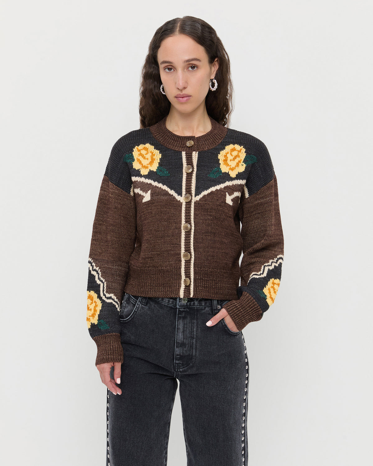 Linda Intarsia Cardigan in brown and yellow floral wool and Winona Denim Barrel Pant in washed black.