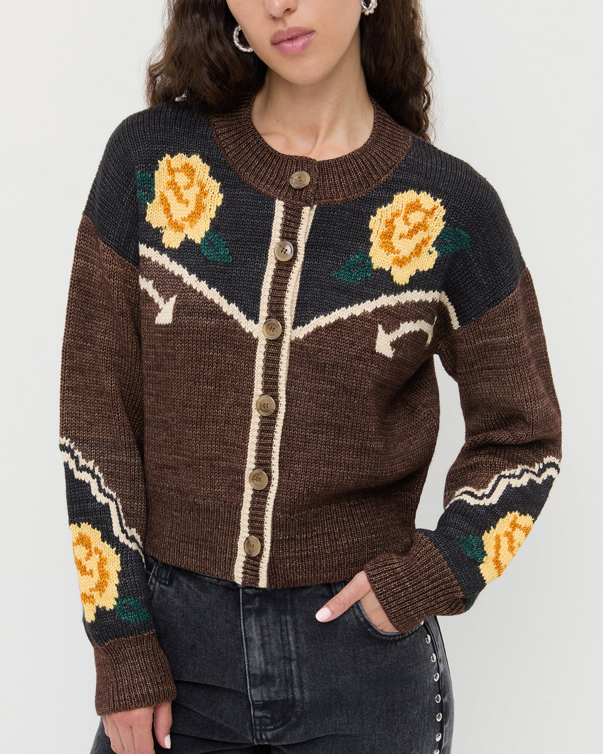 Linda Intarsia Cardigan in brown and yellow floral wool and Winona Denim Barrel Pant in washed black.