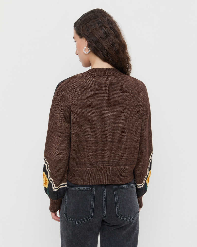 Linda Intarsia Cardigan in brown and yellow floral wool and Winona Denim Barrel Pant in washed black.