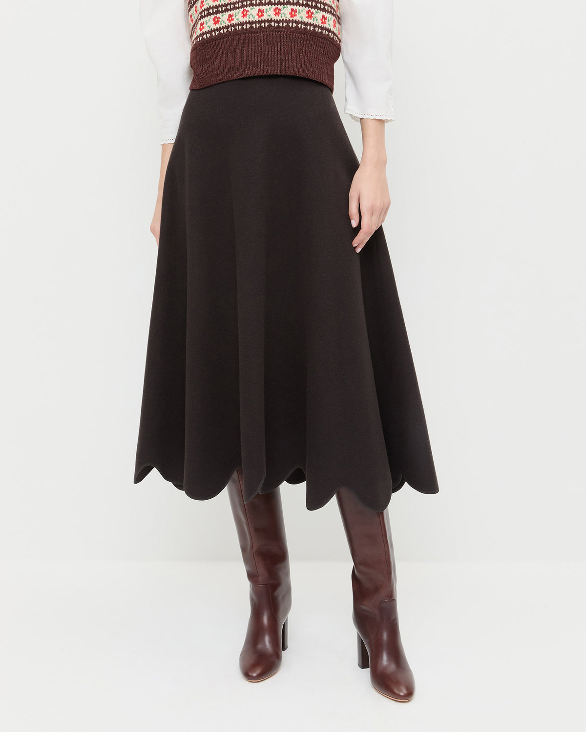 Linnea Skirt in brown wool, Heather Sweater Vest in brown and red floral, and Goldy Espresso Leather Tall Boot.