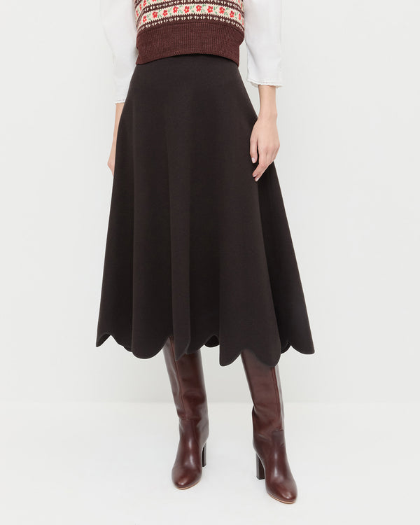 Linnea Skirt in brown wool, Heather Sweater Vest in brown and red floral, and Goldy Espresso Leather Tall Boot.