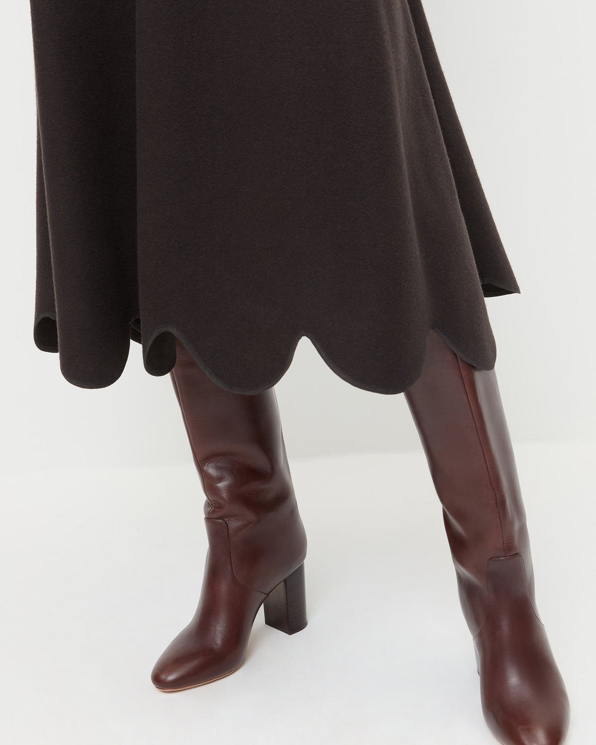 Linnea Skirt in brown wool and Goldy Espresso Leather Tall Boot.
