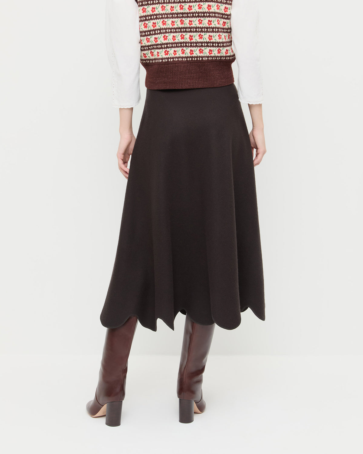 Linnea Skirt in brown wool, Heather Sweater Vest in brown and red floral, and Goldy Espresso Leather Tall Boot.