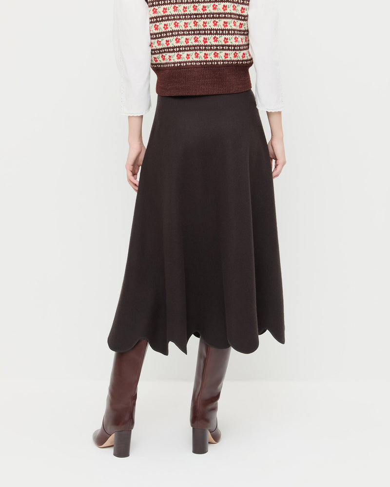 Linnea Skirt in brown wool, Heather Sweater Vest in brown and red floral, and Goldy Espresso Leather Tall Boot.