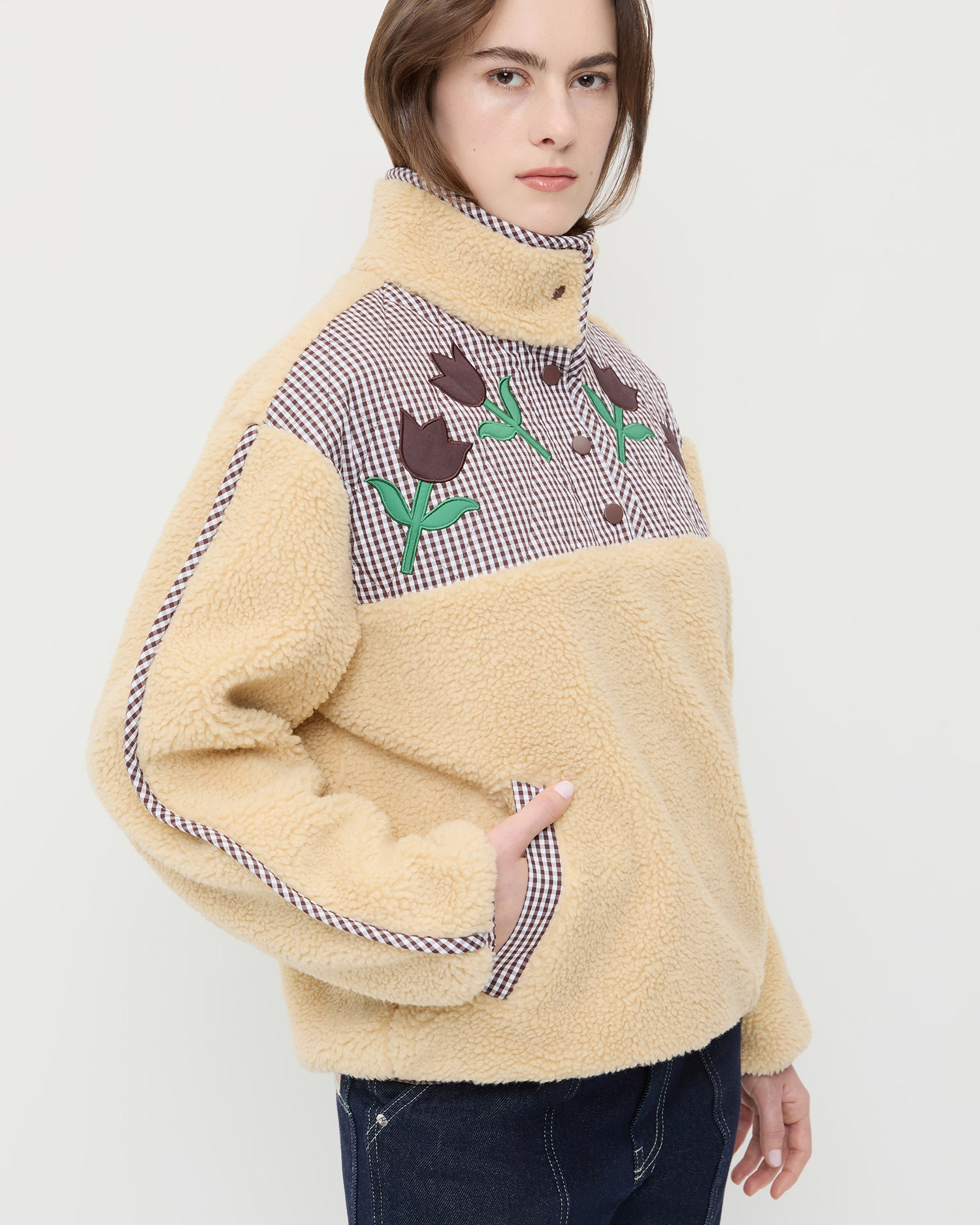 Liz Brown Gingham Floral Fleece | Outerwear | Apparel