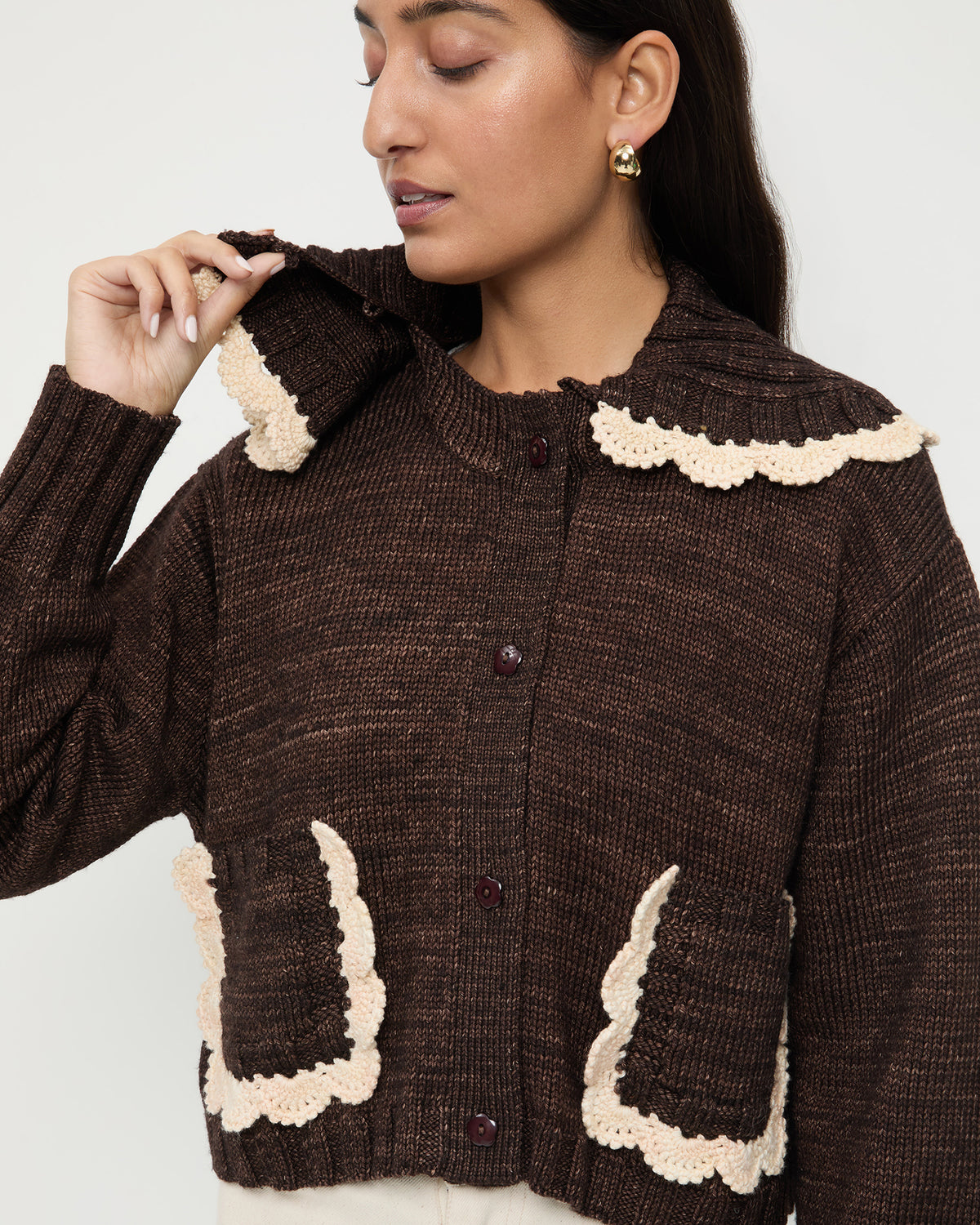 Lo Cardigan in brown and cream wool.