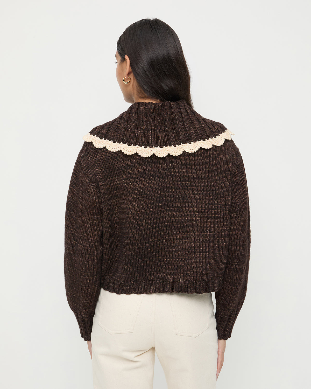 Lo Cardigan in brown and cream wool and Demi Embroidered Pant in natural denim.