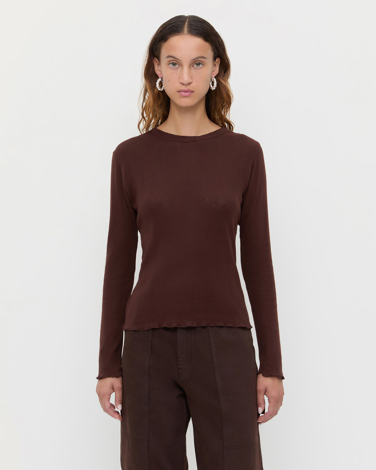 Lolo Pointelle Long-Sleeve Tee in espresso brown pointelle fabric and Molly Workwear Jean in dark brown denim.