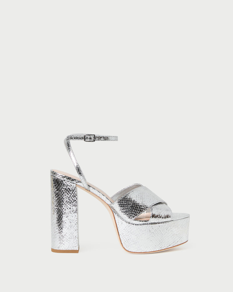 Loretta Silver Snake Platform Sandal in silver snake embossed leather.