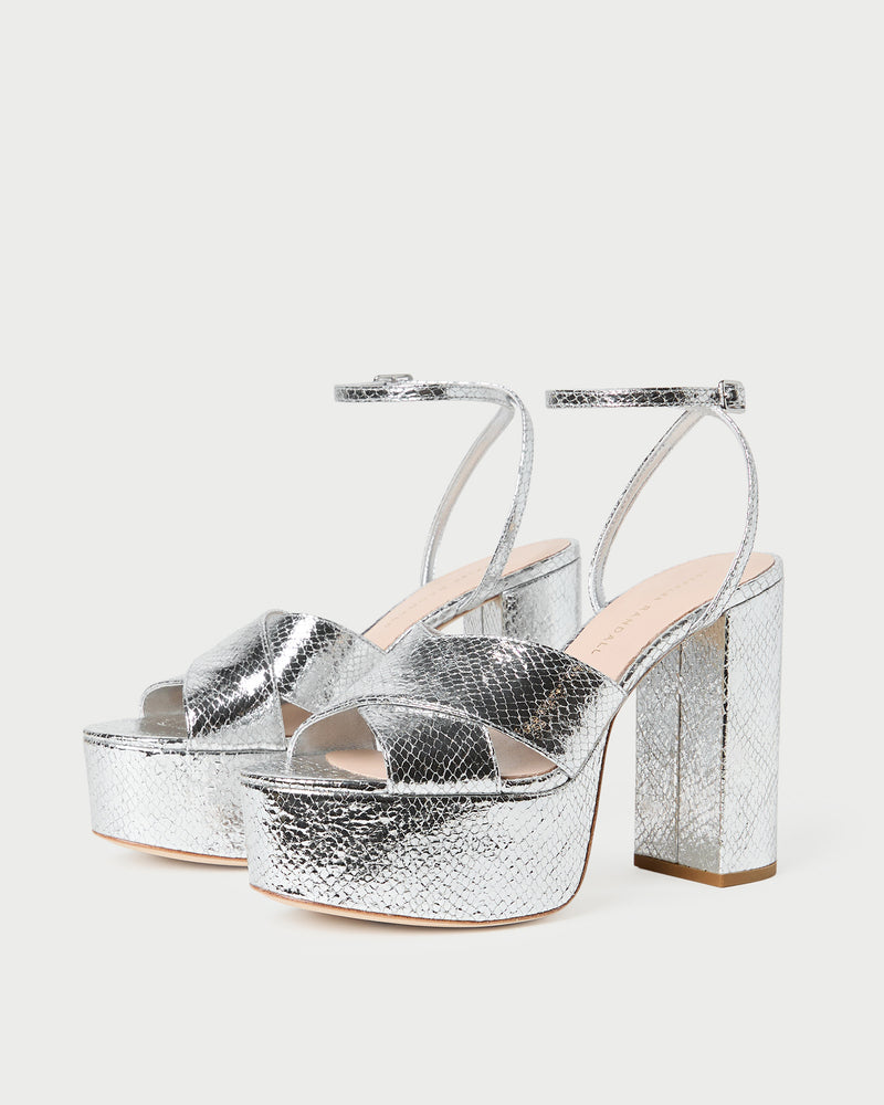 Loretta Silver Snake Platform Sandal in silver snake embossed leather.