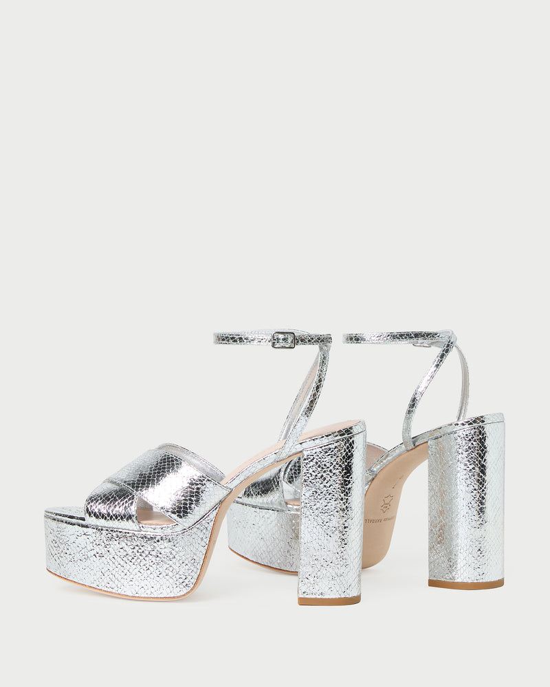 Loretta Silver Snake Platform Sandal in silver snake embossed leather.