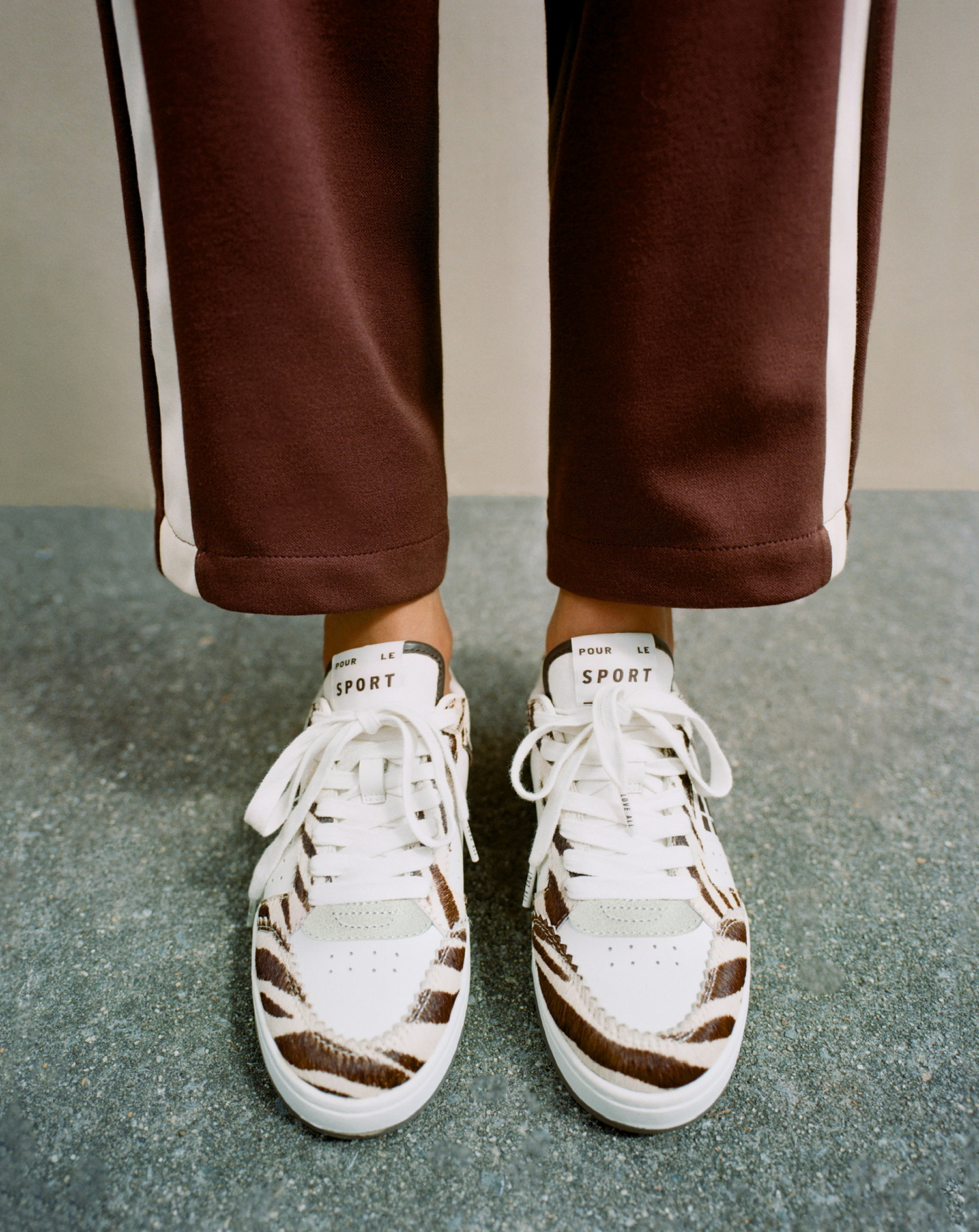 Topspin Cream/Zebra Court Sneaker and Spencer Track Pant in brown jersey - Loeffler Randall