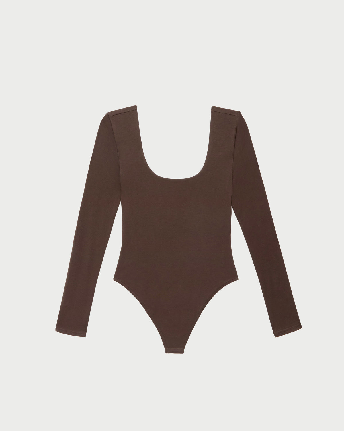 Lumi Long-Sleeve Bodysuit in chocolate brown jersey fabric.