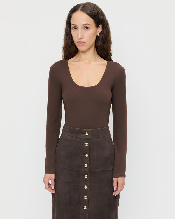 Lumi Long-Sleeve Bodysuit in chocolate brown jersey fabric and Tansy Suede Skirt in brown suede.