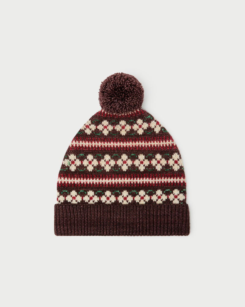 Macelyn Brown Striped Intarsia Beanie in brown floral and brown stripe intarsia wool.