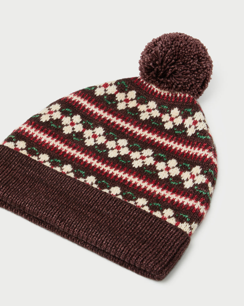 Macelyn Brown Striped Intarsia Beanie in brown floral and brown stripe intarsia wool.