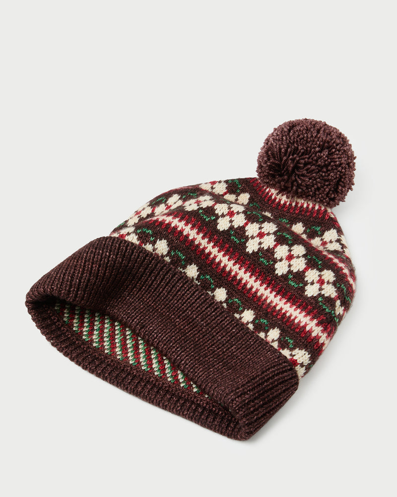 Macelyn Brown Striped Intarsia Beanie in brown floral and brown stripe intarsia wool.