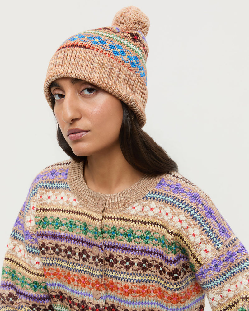 Macelyn Camel Floral Intarsia Beanie