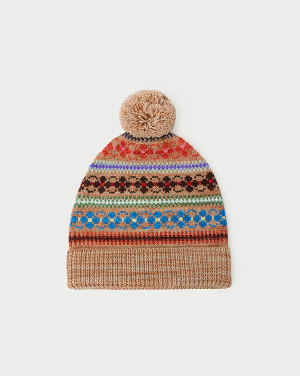 Macelyn Camel Floral Intarsia Beanie in camel floral intarsia wool.
