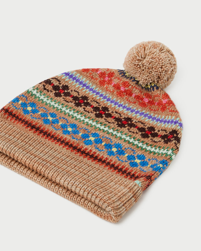 Macelyn Camel Floral Intarsia Beanie in camel floral intarsia wool.