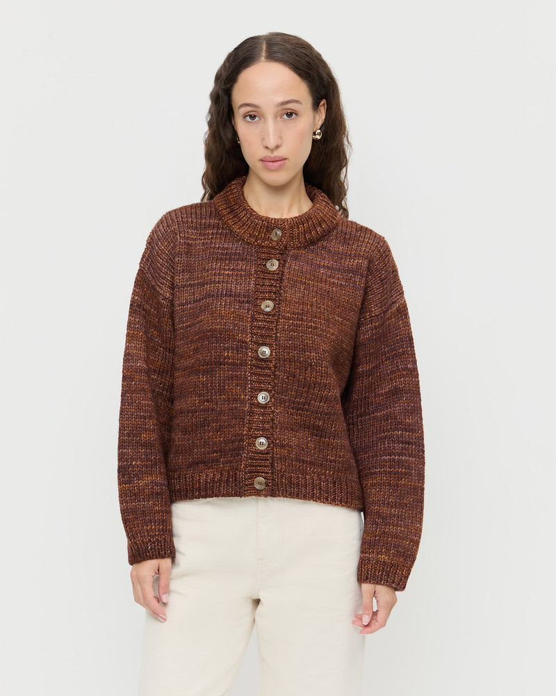 Maddie Cardigan in brown wool and Winona Denim Pant in natural denim.