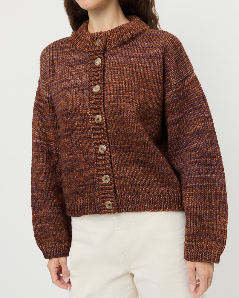 Maddie Cardigan in brown wool and Winona Denim Pant in natural denim.
