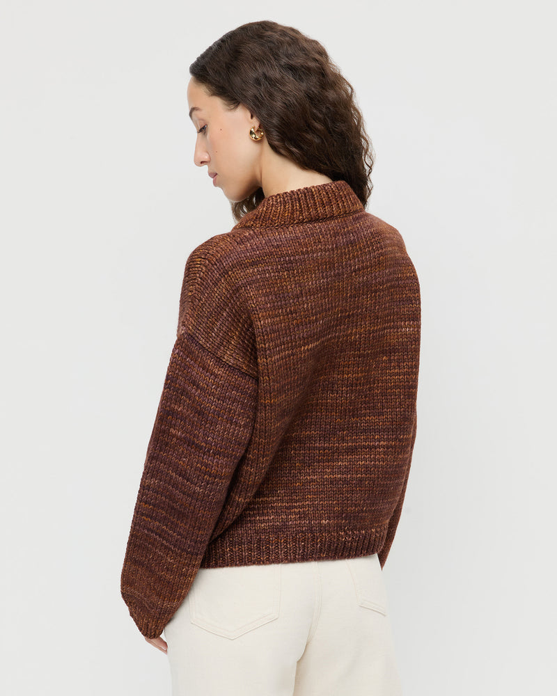 Maddie Cardigan in brown wool and Winona Denim Pant in natural denim.