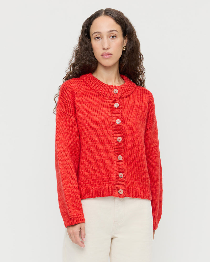 Maddie Cardigan in red wool and Winona Denim Pant in natural denim.