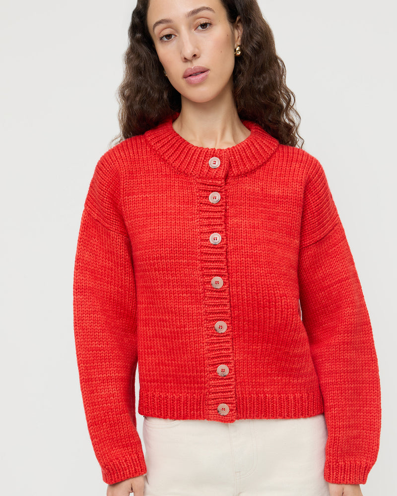 Maddie Cardigan in red wool and Winona Denim Pant in natural denim.