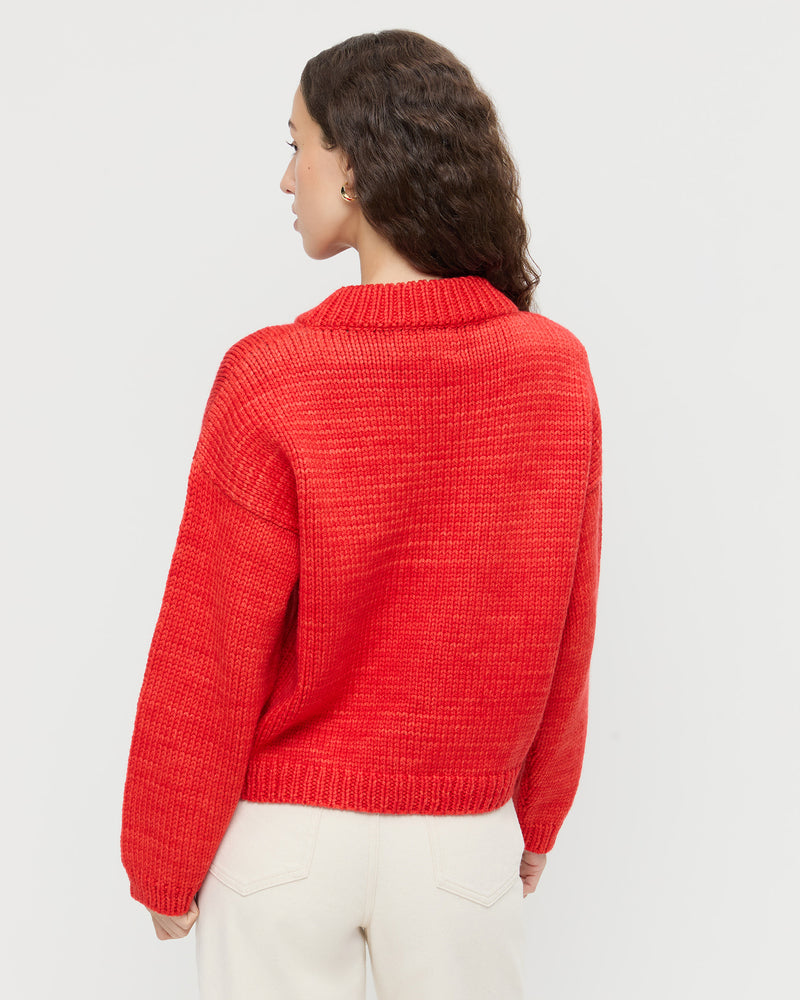 Maddie Cardigan in red wool and Winona Denim Pant in natural denim.