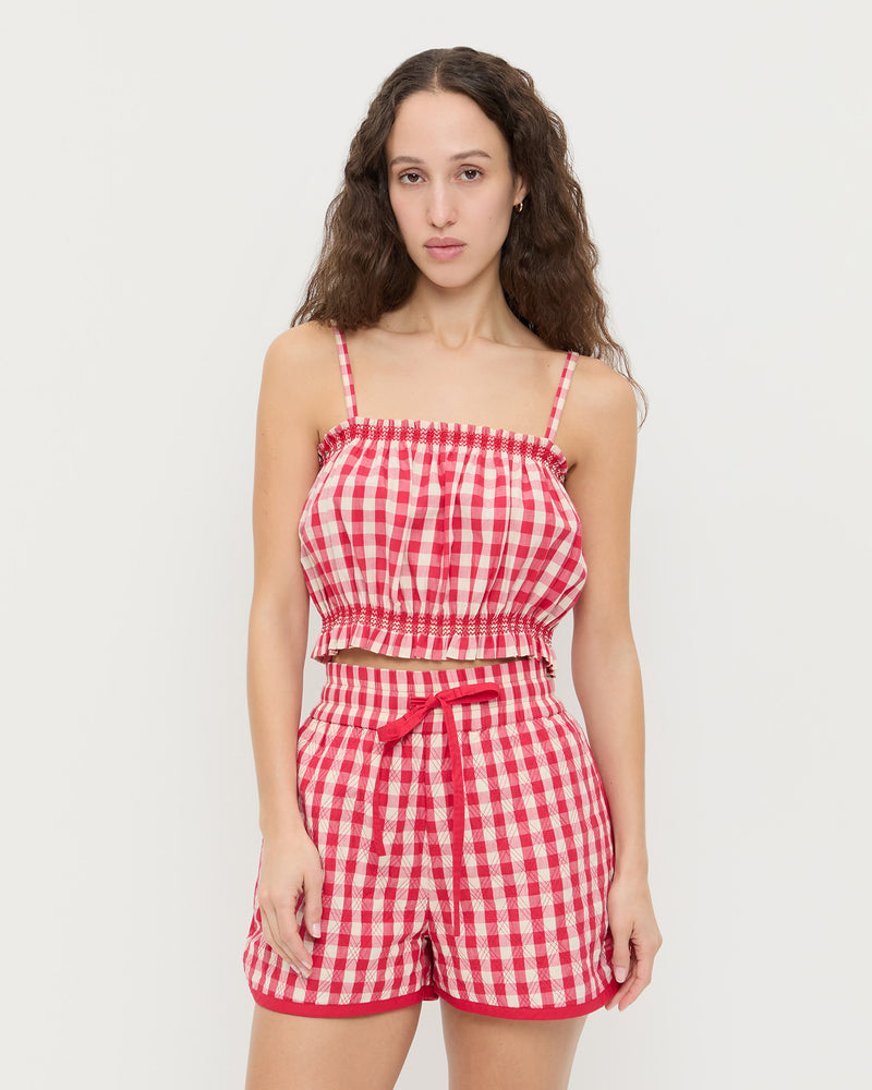 Maggie Camisole in red gingham cotton and Flynn Quilted Short in red gingham cotton.