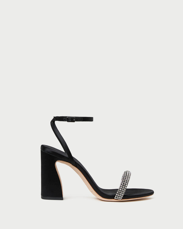 Malia Black/Diamond Curved-Heel Sandal in black satin with crystal accents.