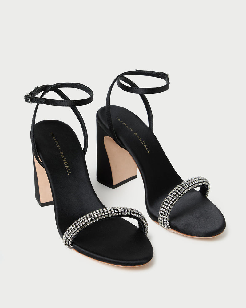 Malia Black/Diamond Curved-Heel Sandal in black satin with crystal accents.