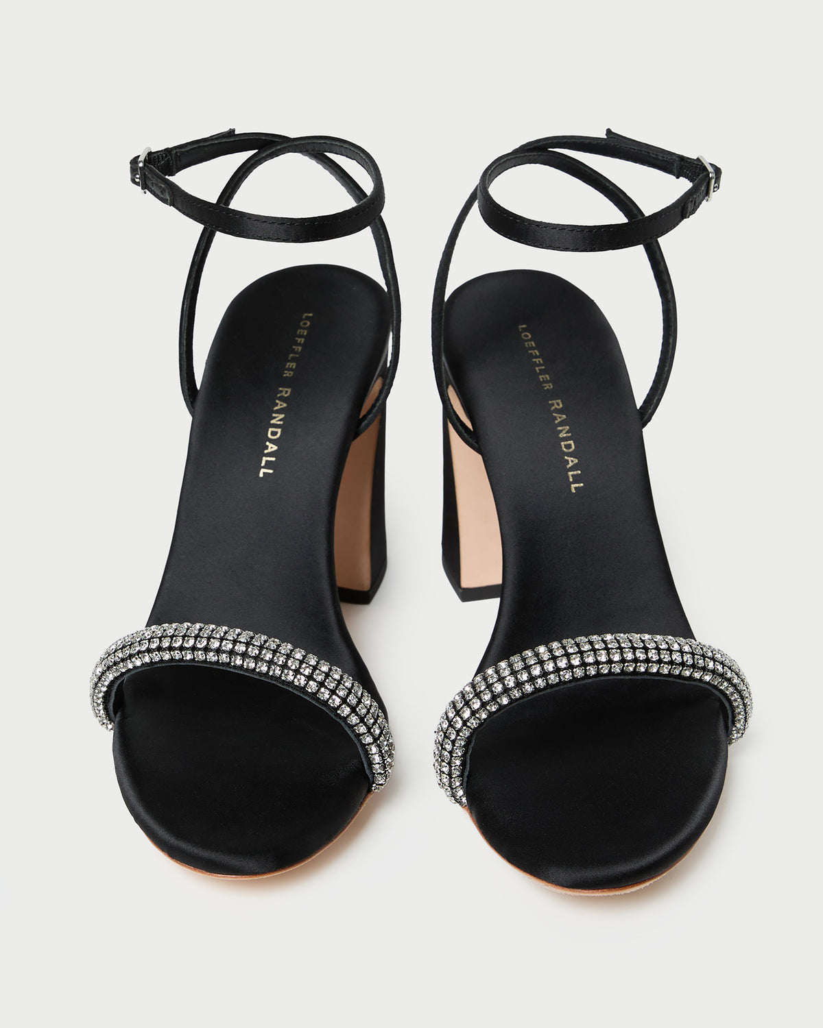Malia Black/Diamond Curved-Heel Sandal in black satin with crystal accents.
