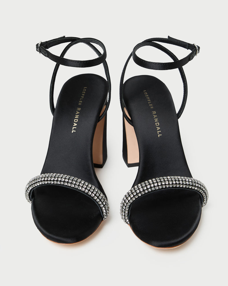 Malia Black/Diamond Curved-Heel Sandal in black satin with crystal accents.