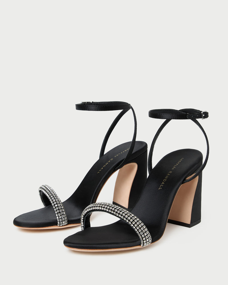 Malia Black/Diamond Curved-Heel Sandal in black satin with crystal accents.