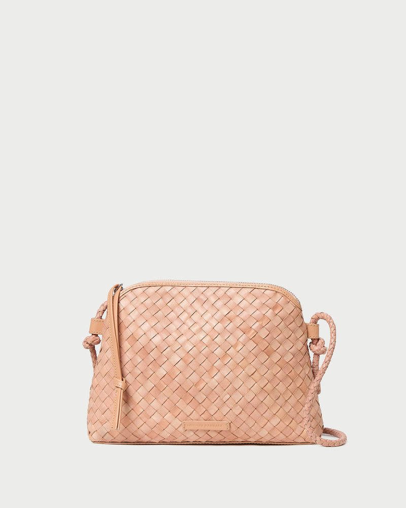 Mallory Desert Sand Woven Crossbody in desert sand tan woven leather.