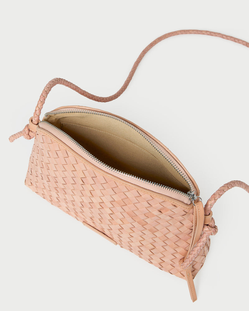 Mallory Desert Sand Woven Crossbody in desert sand tan woven leather.