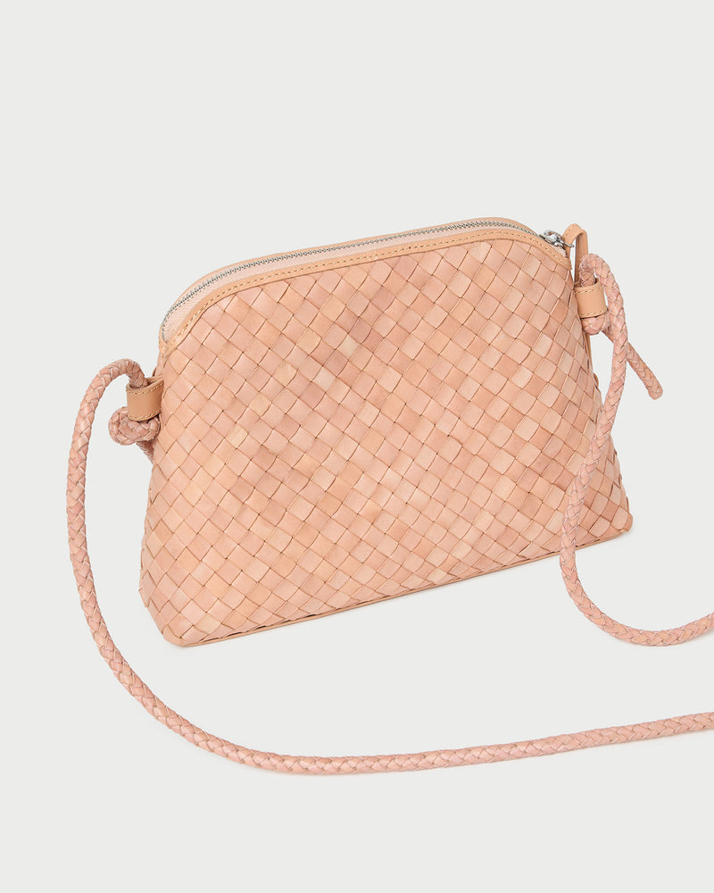 Mallory Desert Sand Woven Crossbody in desert sand tan woven leather.