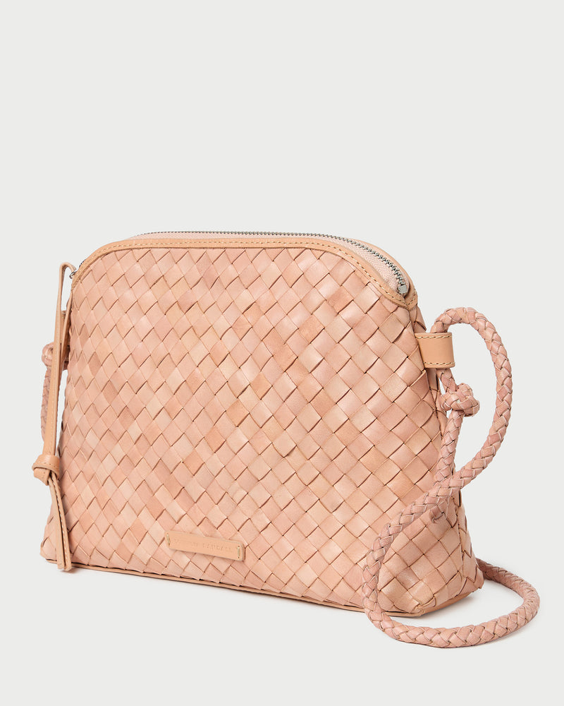Mallory Desert Sand Woven Crossbody in desert sand tan woven leather.