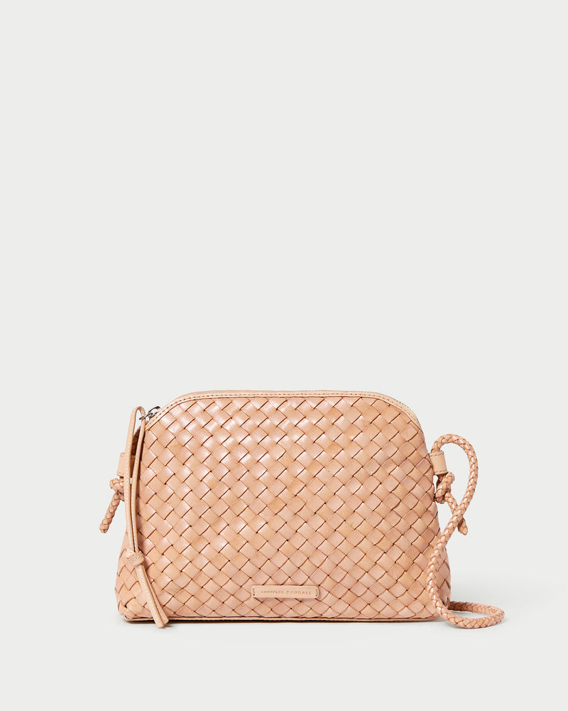 Mallory Desert Sand Woven Crossbody in desert sand tan woven leather.