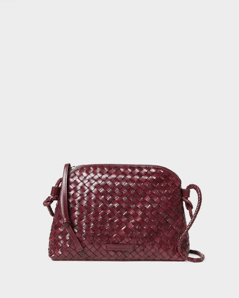 Mallory Maroon Woven Leather Crossbody in maroon woven leather.