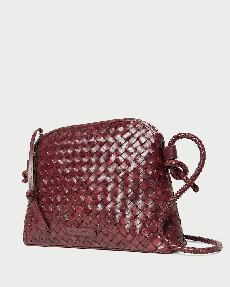 Mallory Maroon Woven Leather Crossbody in maroon woven leather.