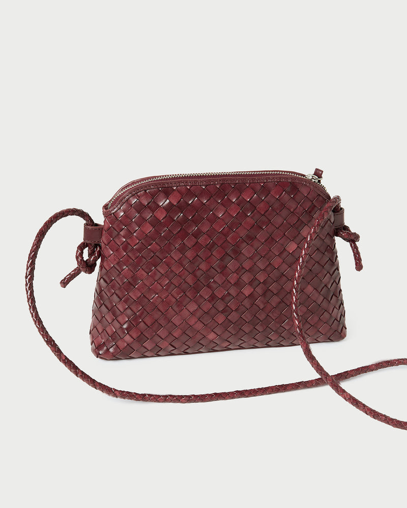 Mallory Maroon Woven Leather Crossbody in maroon woven leather.