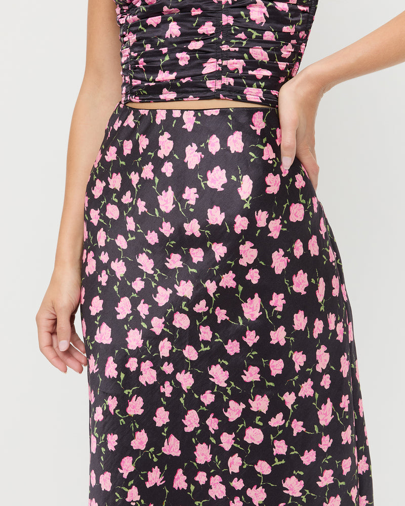 Mandy Midi Skirt in black rosette textured fabric and Cresta Top in black rosette textured fabric.