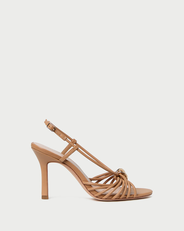 Mareka Dune Leather Strappy Heeled Sandal in dune tan leather and gold hardware.